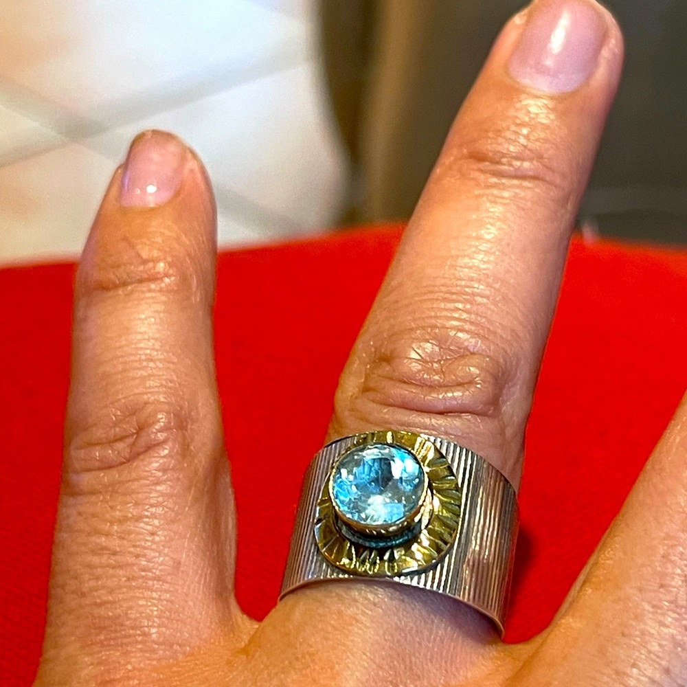 Blue topaz 925 SS  2 tone ring size 8